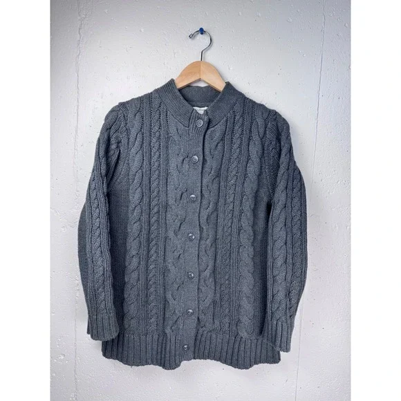 LL Bean Cable Knit Cardigan Women's Large Gray 100% Cotton Full Button Front - Picture 2 of 10